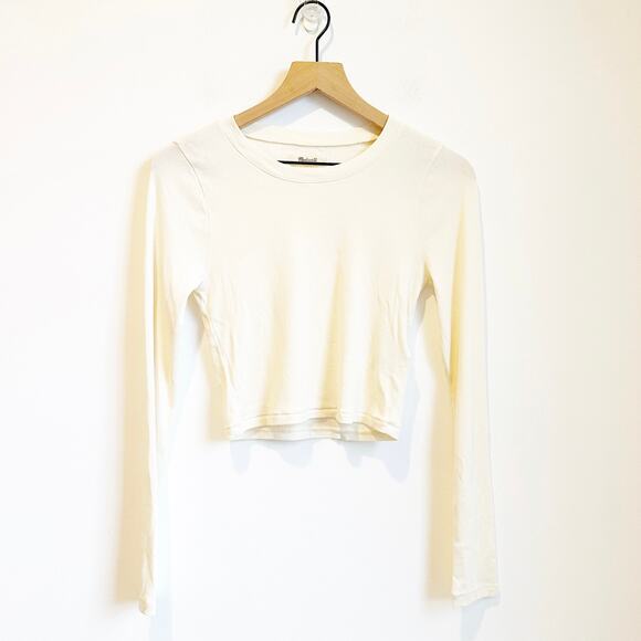 Madewell Fine Ribbed Supercrop Crewneck Long-Sleeve Tee Small Cream White - Picture 2 of 4